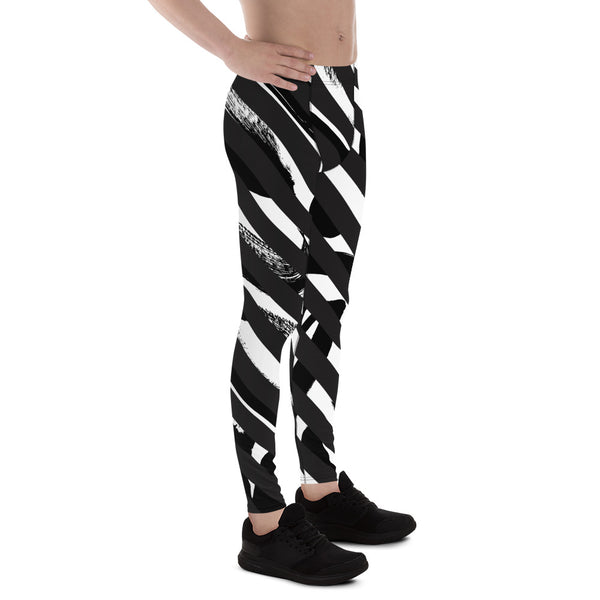 White Abstract Striped Men's Leggings, Black Striped White and Black Abstract Designer Print Sexy Meggings Men's Workout Gym Tights Leggings, Men's Compression Tights Pants - Made in USA/ EU/ MX (US Size: XS-3XL)&nbsp;