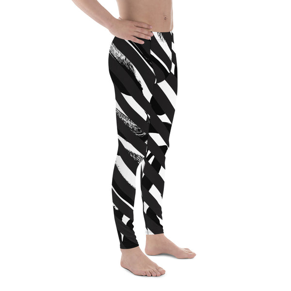 Black White Diagonally Striped Meggings, Best Chic Designer Abstract Men's Leggings For Men - Made in USA/EU/MX