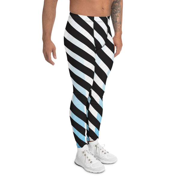 White Abstract Striped Men's Leggings, Black Striped White and Blue Abstract Designer Print Sexy Meggings Men's Workout Gym Tights Leggings, Men's Compression Tights Pants - Made in USA/ EU/ MX (US Size: XS-3XL)&nbsp;