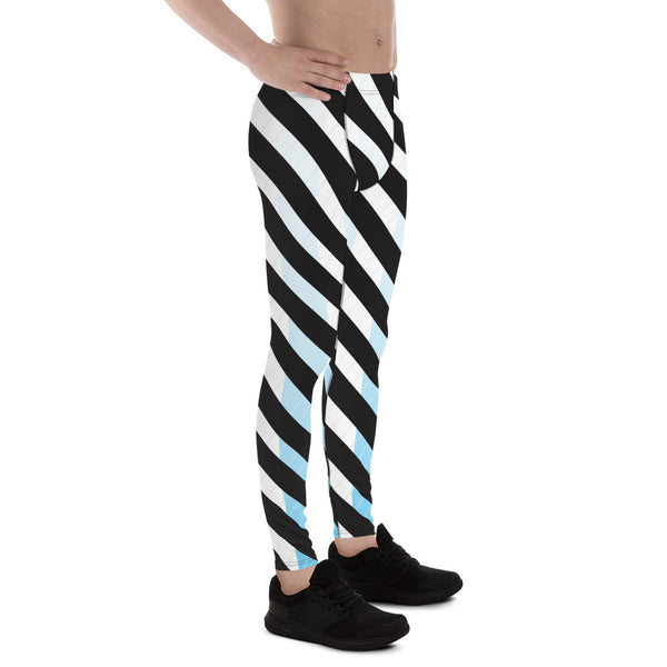 Black Blue Striped Meggings, White Blue and Black Colorful Diagonal Striped Men's Leggings For Men - Made in USA/EU/MX