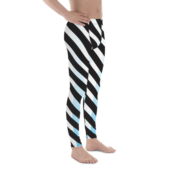 Black Blue Striped Meggings, White Blue and Black Colorful Diagonal Striped Men's Leggings For Men - Made in USA/EU/MX