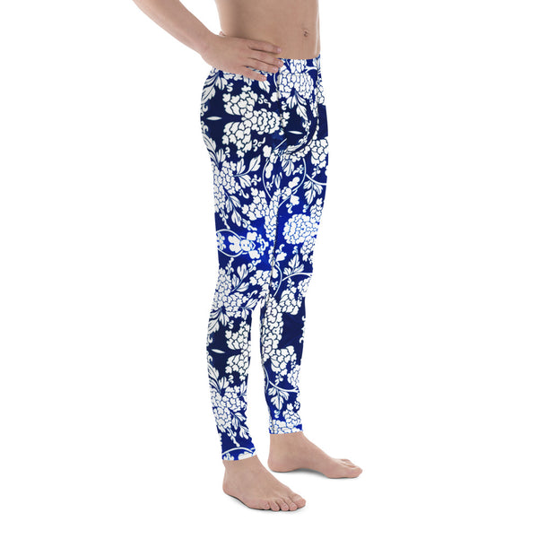 Floral Pattern Best Men's Leggings, Best White and Blue Oriental Style Floral Print Abstract Designer Print Sexy Meggings Men's Workout Gym Tights Leggings, Men's Compression Tights Pants - Made in USA/ EU/ MX (US Size: XS-3XL)&nbsp;