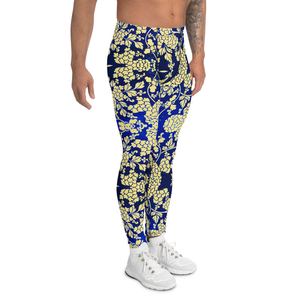 Floral Pattern Best Men's Leggings, Best White and Light Yellow Oriental Style Floral Print Abstract Designer Print Sexy Meggings Men's Workout Gym Tights Leggings, Men's Compression Tights Pants - Made in USA/ EU/ MX (US Size: XS-3XL)&nbsp;