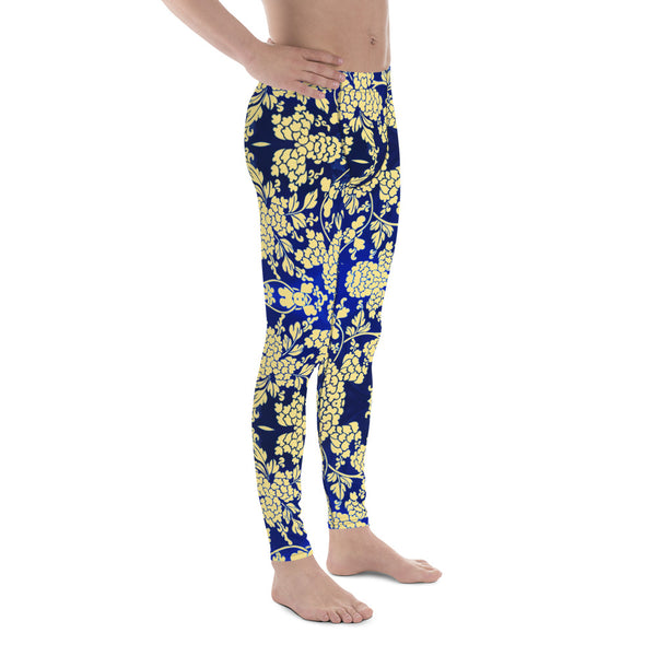 Floral Pattern Best Men's Leggings, Best White and Light Yellow Oriental Style Floral Print Abstract Designer Print Sexy Meggings Men's Workout Gym Tights Leggings, Men's Compression Tights Pants - Made in USA/ EU/ MX (US Size: XS-3XL)&nbsp;