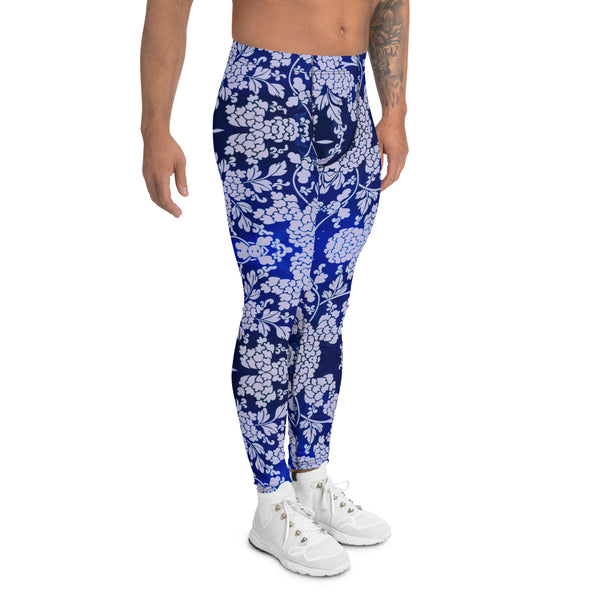 Floral Pattern Best Men's Leggings, Best Pastel Purple and Blue Oriental Style Floral Print Abstract Designer Print Sexy Meggings Men's Workout Gym Tights Leggings, Men's Compression Tights Pants - Made in USA/ EU/ MX (US Size: XS-3XL)&nbsp;