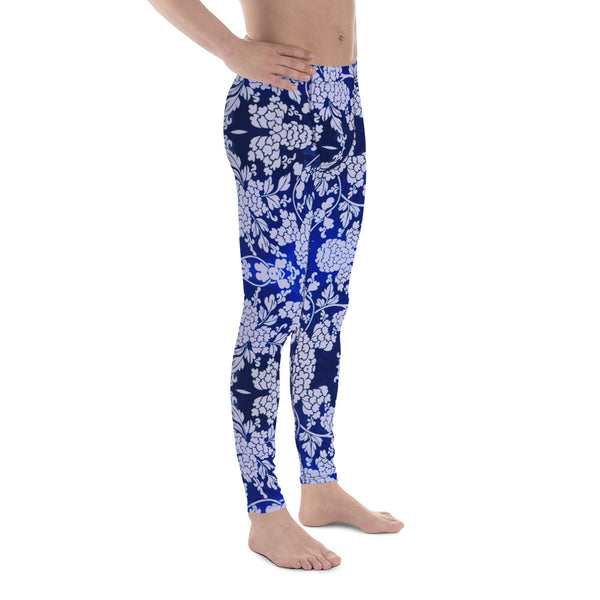 Floral Pattern Best Men's Leggings, Best Pastel Purple and Blue Oriental Style Floral Print Abstract Designer Print Sexy Meggings Men's Workout Gym Tights Leggings, Men's Compression Tights Pants - Made in USA/ EU/ MX (US Size: XS-3XL)&nbsp;