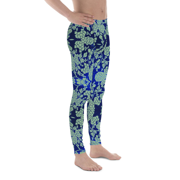 Floral Pattern Best Men's Leggings, Best Green and Blue Oriental Style Floral Print Abstract Designer Print Sexy Meggings Men's Workout Gym Tights Leggings, Men's Compression Tights Pants - Made in USA/ EU/ MX (US Size: XS-3XL)&nbsp;