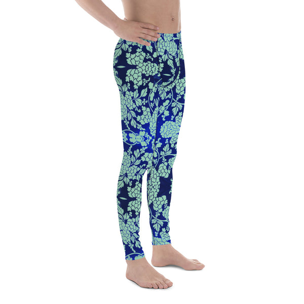 Floral Pattern Best Men's Leggings, Best Blue Oriental Style Floral Print Abstract Designer Print Sexy Meggings Men's Workout Gym Tights Leggings, Men's Compression Tights Pants - Made in USA/ EU/ MX (US Size: XS-3XL)&nbsp;