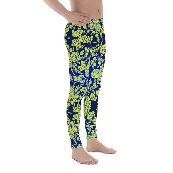 Floral Pattern Best Men's Leggings, Best Green and Blue Oriental Style Floral Print Abstract Designer Print Sexy Meggings Men's Workout Gym Tights Leggings, Men's Compression Tights Pants - Made in USA/ EU/ MX (US Size: XS-3XL)&nbsp;