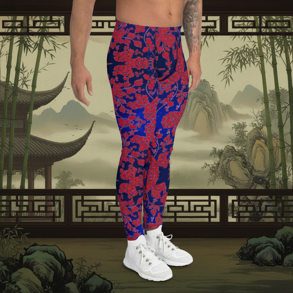 Red Blue Floral Men's Leggings, Best Blue and Red Oriental Style Floral Print Meggings Compression Tights - Made in USA/EU/MX