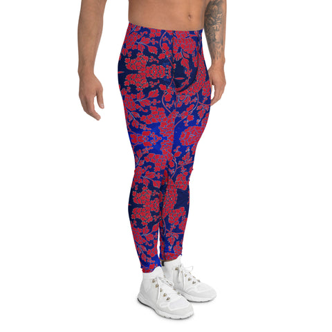 Floral Pattern Best Men's Leggings, Best Red and Blue Oriental Style Floral Print Abstract Designer Print Sexy Meggings Men's Workout Gym Tights Leggings, Men's Compression Tights Pants - Made in USA/ EU/ MX (US Size: XS-3XL)&nbsp;