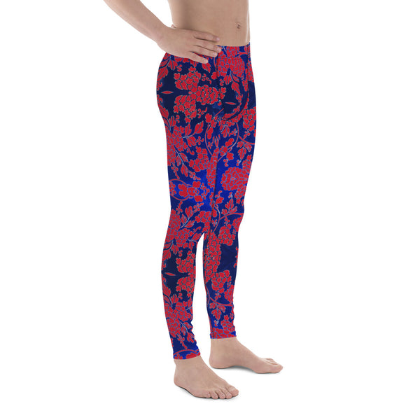 Floral Pattern Best Men's Leggings, Best Red and Blue Oriental Style Floral Print Abstract Designer Print Sexy Meggings Men's Workout Gym Tights Leggings, Men's Compression Tights Pants - Made in USA/ EU/ MX (US Size: XS-3XL)&nbsp;