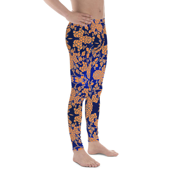 Floral Pattern Best Men's Leggings, Best Orange and Blue Oriental Style Floral Print Abstract Designer Print Sexy Meggings Men's Workout Gym Tights Leggings, Men's Compression Tights Pants - Made in USA/ EU/ MX (US Size: XS-3XL)&nbsp;