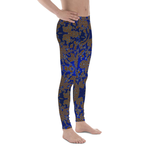 Floral Pattern Best Men's Leggings, Best Brown and Blue Oriental Style Floral Print Abstract Designer Print Sexy Meggings Men's Workout Gym Tights Leggings, Men's Compression Tights Pants - Made in USA/ EU/ MX (US Size: XS-3XL)&nbsp;