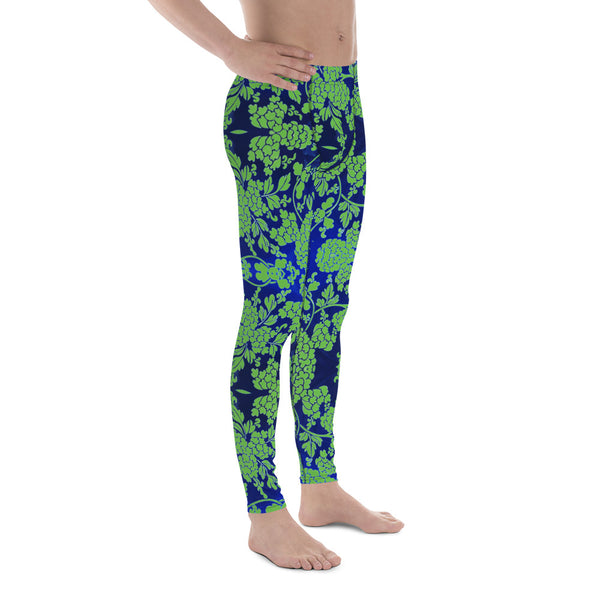 Floral Pattern Best Men's Leggings, Best Green and Blue Oriental Style Floral Print Abstract Designer Print Sexy Meggings Men's Workout Gym Tights Leggings, Men's Compression Tights Pants - Made in USA/ EU/ MX (US Size: XS-3XL)&nbsp;