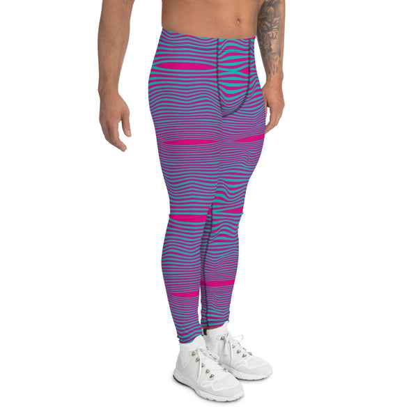 Pink Blue Curvy Men's Leggings, Great Wave Wavy Groovy Retro Style Abstract Pattern Designer Print Sexy Meggings Men's Workout Gym Tights Leggings, Men's Compression Tights Pants - Made in USA/ EU/ MX (US Size: XS-3XL) Patterned Leggings For Men, Tights Workout, Men's Compression Pants, Mens Festival Leggings, Mens Leggings Fashion, Mens Tights, Men Wavy Striped Sports Tights, Retro Waves Print Men's Leggings&nbsp;