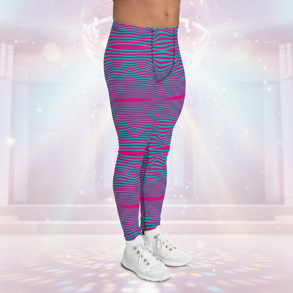 Pink Blue Wavy Men's Leggings, Retro Style Wavy Designer Men's Compression Sports Tights - Made in USA/EU/MX