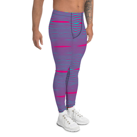 Pink Blue Curvy Men's Leggings, Great Wave Wavy Groovy Retro Style Abstract Pattern Designer Print Sexy Meggings Men's Workout Gym Tights Leggings, Men's Compression Tights Pants - Made in USA/ EU/ MX (US Size: XS-3XL) Patterned Leggings For Men, Tights Workout, Men's Compression Pants, Mens Festival Leggings, Mens Leggings Fashion, Mens Tights, Men Wavy Striped Sports Tights, Retro Waves Print Men's Leggings&nbsp;