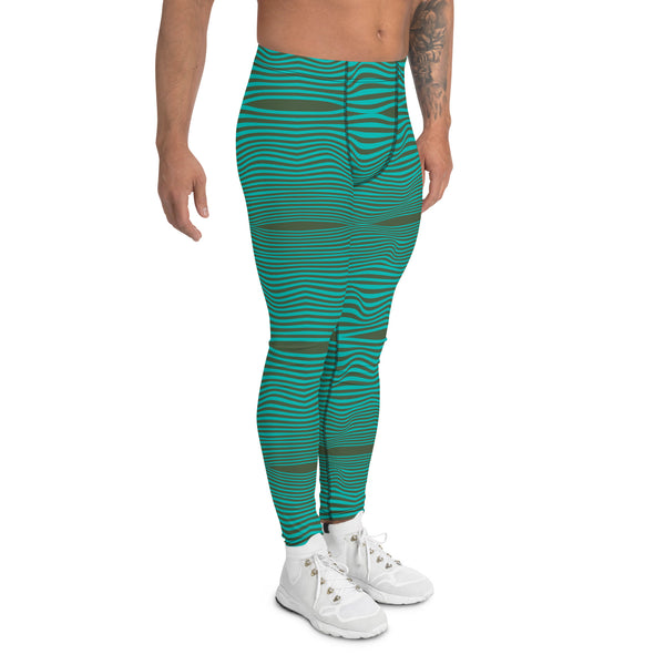 Green Blue Curvy Men's Leggings, Great Wave Wavy Groovy Retro Style Abstract Pattern Designer Print Sexy Meggings Men's Workout Gym Tights Leggings, Men's Compression Tights Pants - Made in USA/ EU/ MX (US Size: XS-3XL) Patterned Leggings For Men, Tights Workout, Men's Compression Pants, Mens Festival Leggings, Mens Leggings Fashion, Mens Tights, Men Wavy Striped Sports Tights, Retro Waves Print Men's Leggings&nbsp;