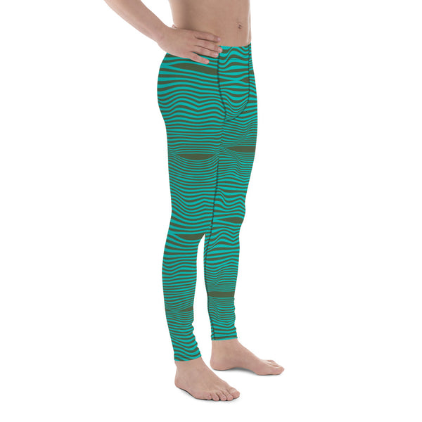 Green Blue Curvy Men's Leggings, Great Wave Wavy Groovy Retro Style Abstract Pattern Designer Print Sexy Meggings Men's Workout Gym Tights Leggings, Men's Compression Tights Pants - Made in USA/ EU/ MX (US Size: XS-3XL) Patterned Leggings For Men, Tights Workout, Men's Compression Pants, Mens Festival Leggings, Mens Leggings Fashion, Mens Tights, Men Wavy Striped Sports Tights, Retro Waves Print Men's Leggings&nbsp;