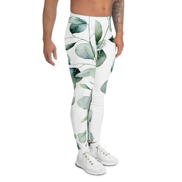Green Eucalyptus Printed Men's Leggings, Green Eucalyptus Pattern Designer Print Sexy Meggings Men's Workout Gym Tights Leggings, Men's Compression Tights Pants - Made in USA/ EU/ MX (US Size: XS-3XL) Patterned Leggings For Men, Tights Workout, Men's Compression Pants, Mens Festival Leggings, Mens Leggings Fashion, Mens Tights&nbsp;