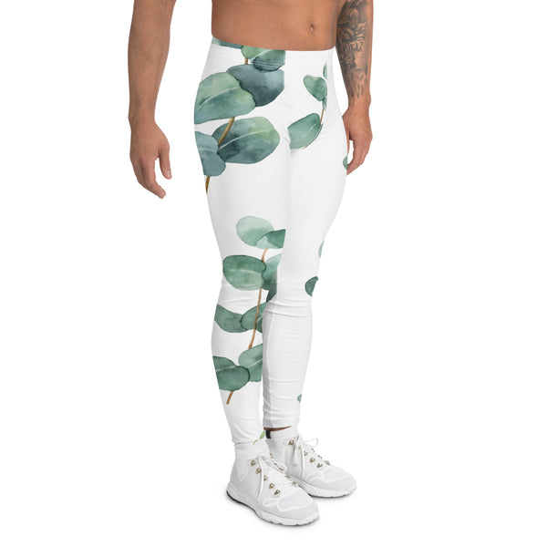 Green Eucalyptus Printed Men's Leggings, Green Eucalyptus Pattern Designer Print Sexy Meggings Men's Workout Gym Tights Leggings, Men's Compression Tights Pants - Made in USA/ EU/ MX (US Size: XS-3XL) Patterned Leggings For Men, Tights Workout, Men's Compression Pants, Mens Festival Leggings, Mens Leggings Fashion, Mens Tights&nbsp;