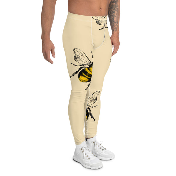 Yellow Bees Printed Men's Leggings, Pastel Yellow Been Pattern Designer Print Sexy Meggings Men's Workout Gym Tights Leggings, Men's Compression Tights Pants - Made in USA/ EU/ MX (US Size: XS-3XL) Patterned Leggings For Men, Tights Workout, Men's Compression Pants, Mens Festival Leggings, Mens Leggings Fashion, Mens Tights&nbsp;