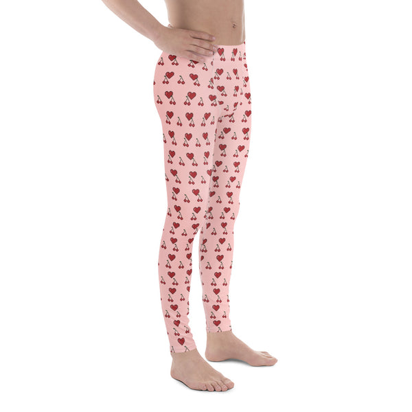 Pink Hearts Men's Leggings, Red Cherries Printed Best Gay Friendly Hearts Print Valentine's Day Pattern Designer Print&nbsp; Meggings Men's Workout Gym Tights Leggings, Men's Compression Tights Pants - Made in USA/ EU/ MX (US Size: XS-3XL) Patterned Leggings For Men, Tights Workout, Men's Compression Pants, Mens Festival Leggings, Mens Leggings Fashion, Mens Tights&nbsp;