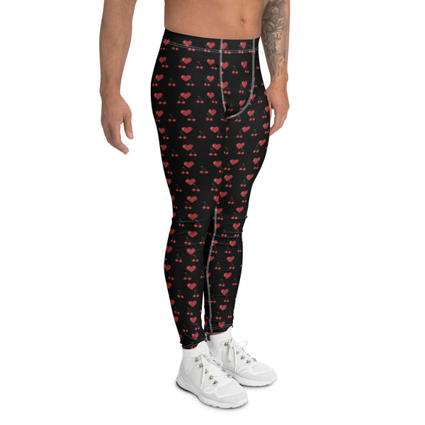 Black Red Hearts Men's Leggings, Red Cherries Printed Best Gay Friendly Hearts Print Valentine's Day Pattern Designer Print&nbsp; Meggings Men's Workout Gym Tights Leggings, Men's Compression Tights Pants - Made in USA/ EU/ MX (US Size: XS-3XL) Patterned Leggings For Men, Tights Workout, Men's Compression Pants, Mens Festival Leggings, Mens Leggings Fashion, Mens Tights&nbsp;