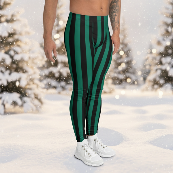 Forest Green Black Striped Meggings, Men's Leggings