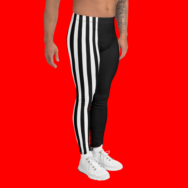 Black White Vertically Striped Meggings, Men's Leggings