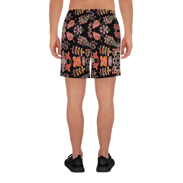 Black Fall Floral Men's Shorts, Men's Recycled Athletic Shorts