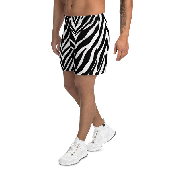 Zebra Print Men's Long Short, Men's Recycled Athletic Shorts