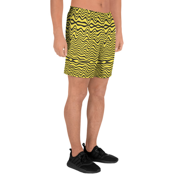 Yellow Wavy Men's Long Shorts, Men's Recycled Athletic Shorts