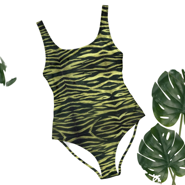 Yellow Tiger One-Piece Swimsuit, Tiger Stripes Animal Print Women's Swimwear-Made in USA/EU