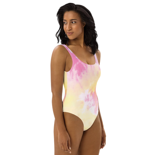 Pink Abstract Women's Swimwear, Tie Dye Abstract&nbsp;Print Luxury 1-Piece Unpadded Swimwear Bathing Suits, Beach Wear - Made in USA/EU/ MX (US Size: XS-3XL) Plus Size Available