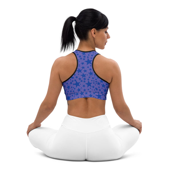 Blue Starry Padded Sports Bra, Blue and Purple Star Celestial Space Print Futuristic Galaxy Purple Space Print Women's Padded Sports Bra-Made in USA/ Mexico/ EU (US Size: XS-2XL)&nbsp;Beautiful Bestselling Galaxy&nbsp;Outer Space Style Sports Bra, Bra, Best Active Wear For Women