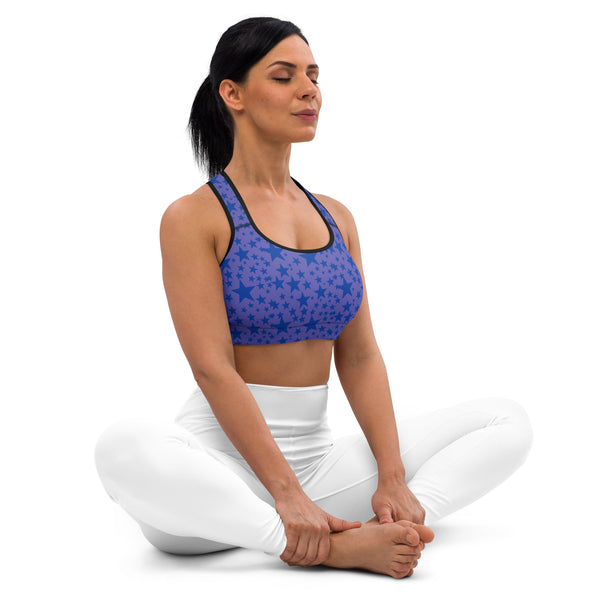 Blue Starry Padded Sports Bra, Blue and Purple Star Celestial Space Print Futuristic Galaxy Purple Space Print Women's Padded Sports Bra-Made in USA/ Mexico/ EU (US Size: XS-2XL)&nbsp;Beautiful Bestselling Galaxy&nbsp;Outer Space Style Sports Bra, Bra, Best Active Wear For Women