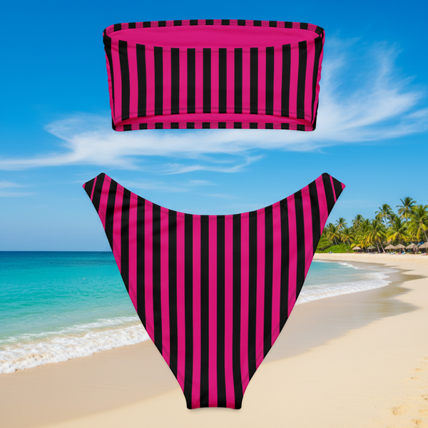 Pink Black Striped Bikini Set, 2 piece Recycled bandeau bikini