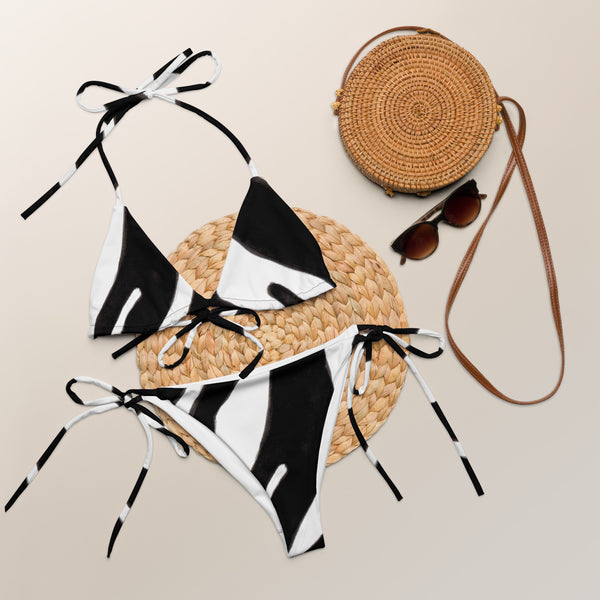 Best Zebra Print Bikini, Black and White Zebra Striped Animal Print 2 pc Recycled String Bikini Luxury Designer Fashion Swimwear Set For Women - Made in USA/EU/MX (US Size: 2XL-6XL)