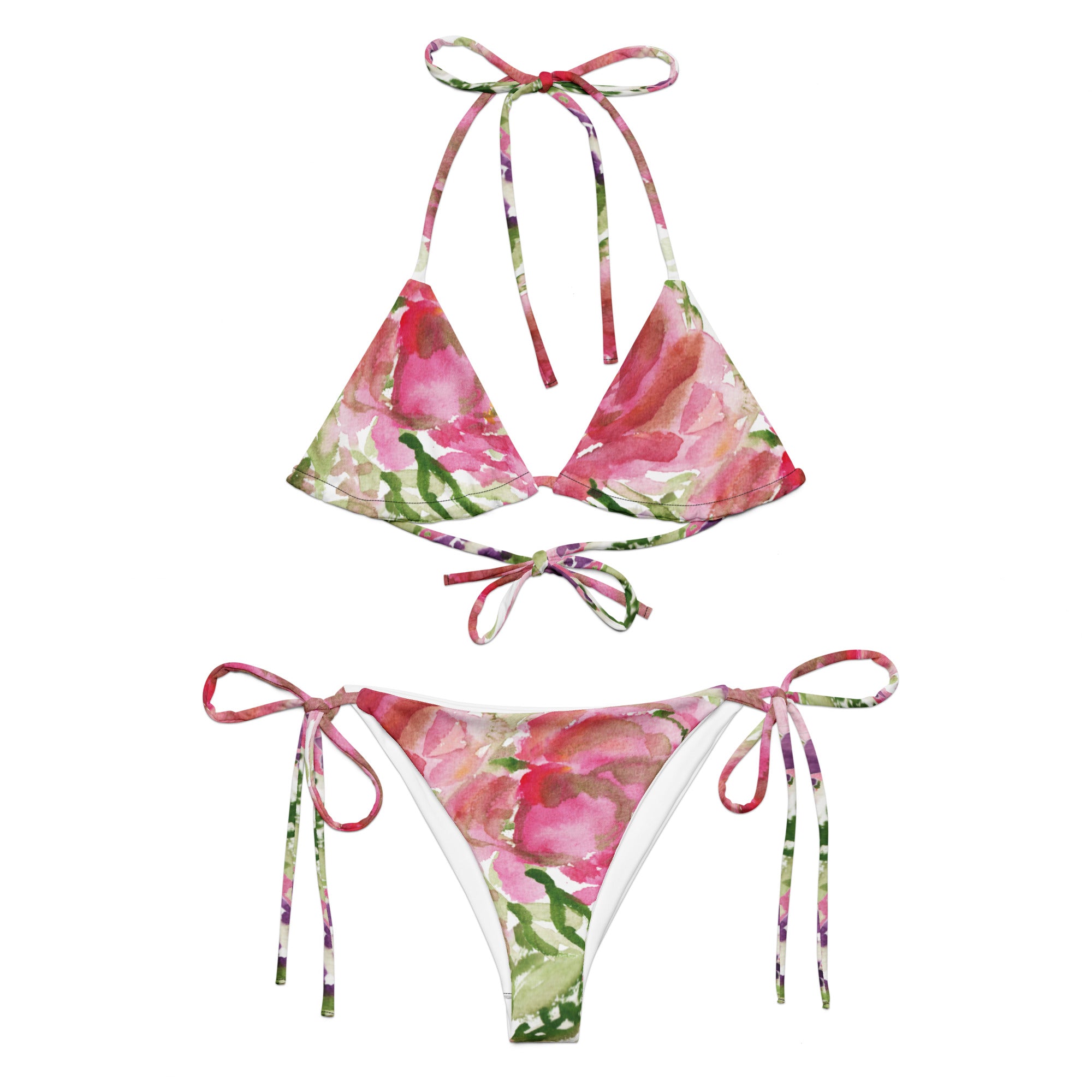 Pink Floral Print Women's Bikini, Pink Rose Flower Print 2 pc Recycled String Bikini Luxury Designer Fashion Swimwear Set For Women - Made in USA/EU/MX (US Size: 2XL-6XL)