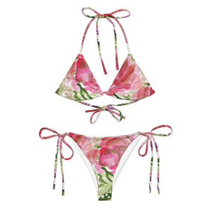 Pink Floral Print Women's Bikini, Pink Rose Flower Print 2 pc Recycled String Bikini Luxury Designer Fashion Swimwear Set For Women - Made in USA/EU/MX (US Size: 2XL-6XL)