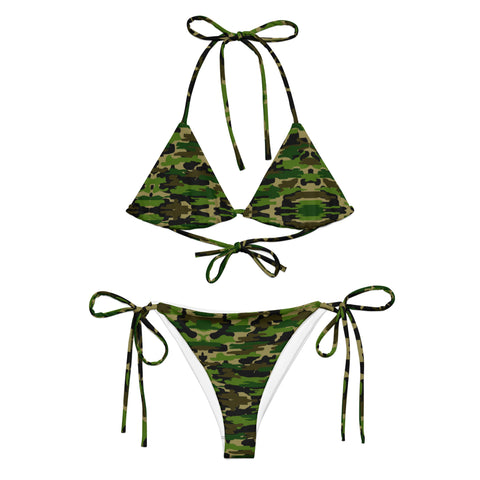 Green Camo Print Bikini Set, Army Print Best 2 pc Recycled String Bikini Luxury Designer Fashion Swimwear Set For Women - Made in USA/EU/MX (US Size: 2XL-6XL)