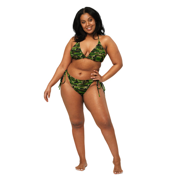 Green Camo Print Bikini Set, Army Print Best 2 pc Recycled String Bikini Luxury Designer Fashion Swimwear Set For Women - Made in USA/EU/MX (US Size: 2XL-6XL)