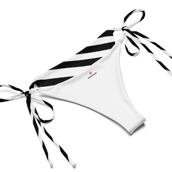 Best Diagonally Striped Women's Bikini, Black and White Striped Print 2 pc Recycled String Bikini Luxury Designer Fashion Swimwear Set For Women - Made in USA/EU/MX (US Size: 2XL-6XL)
