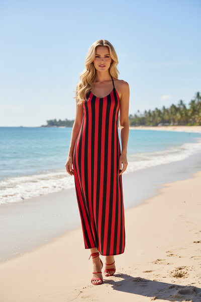 Black and Red Women's Dress, Tie-Strap Midi Dress