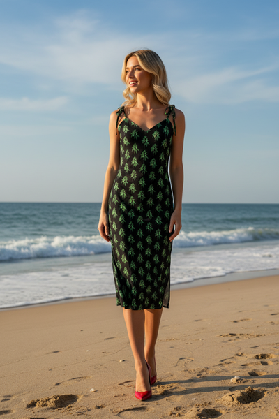 Black Floral Women's Designer Dress, Tie-strap midi dress