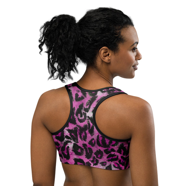 Pink Leopard Women's Sports Bra, Pink Leopard Animal Print Cute Ladies Workout Girlie Women's Fitness Workout Bra, Unpadded Yoga Gym Workout Sports Bra For Female Athletes - Made in USA/ EU/ MX (US Size: XS-2XL)