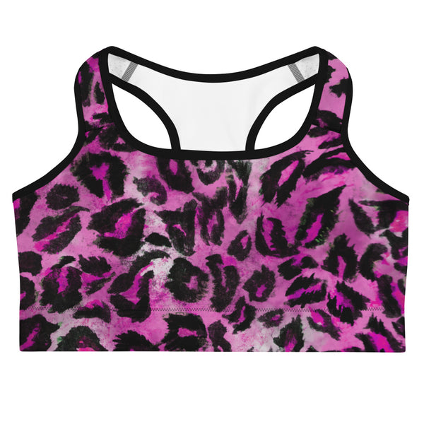 Pink Leopard Women's Sports Bra, Pink Leopard Animal Print Cute Ladies Workout Girlie Women's Fitness Workout Bra, Unpadded Yoga Gym Workout Sports Bra For Female Athletes - Made in USA/ EU/ MX (US Size: XS-2XL)