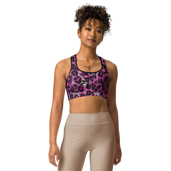 Pink Leopard Women's Sports Bra, Pink Leopard Animal Print Cute Ladies Workout Girlie Women's Fitness Workout Bra, Unpadded Yoga Gym Workout Sports Bra For Female Athletes - Made in USA/ EU/ MX (US Size: XS-2XL)